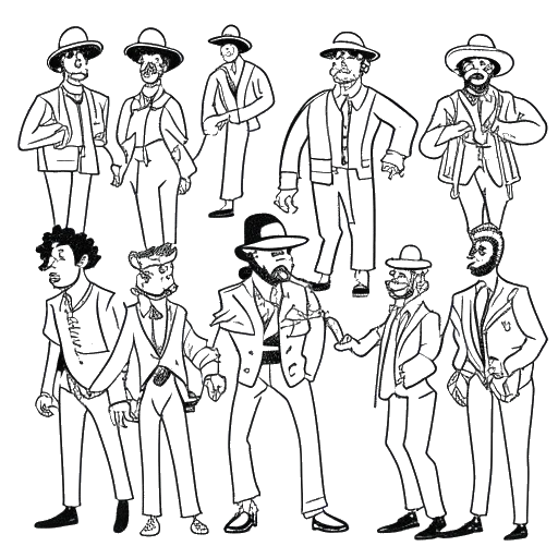 Line art drawing of a man, representing Brandon Farris, in different costumes while participating in challenges.