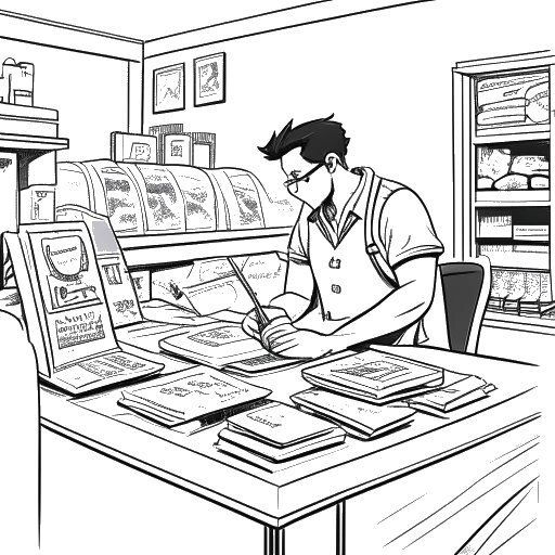 Strichzeichnung eines Mannes, der Brandon Farris darstellt, beim Arbeiten an der Café-Theke mit verstreuten Pokémon-Karten.