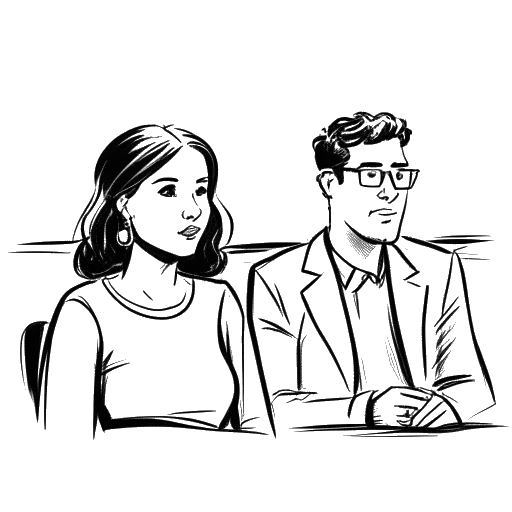 Desenho de arte em linha de um homem e de uma mulher, representando Brandon Farris e Maria, participando de um seminário de criação de conteúdo.