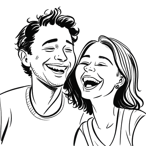 Line art drawing of a man and woman, representing Brandon Farris and his sister Morgan, laughing together.
