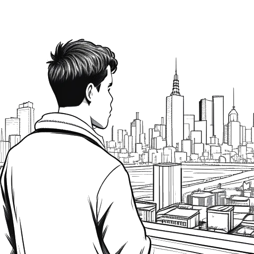 Desenho de arte em linha de um homem, representando Brandon Farris, olhando para um horizonte distante da cidade.