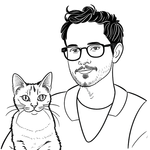 Dibujo de arte lineal de un hombre, representando a Brandon Farris, con un gato, que representa a Zelda, y un retrato, que representa a Kelly.
