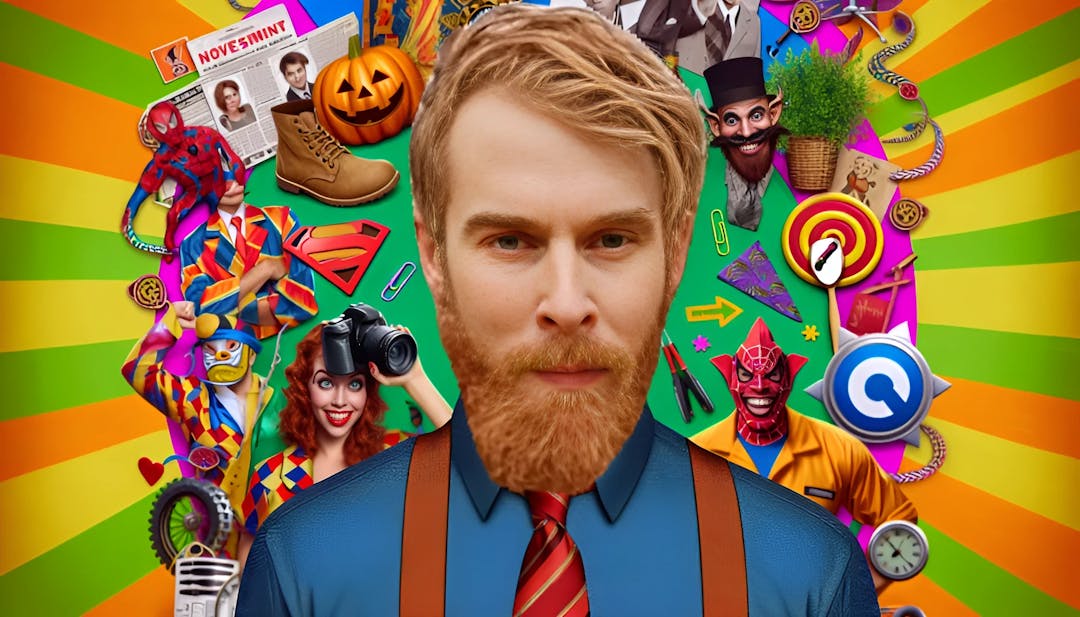 Brandon Farris, a mid-30s, slim to average build male with fair skin and auburn hair, confidently looking into the camera with a mischievous grin. The vibrant and quirky background reflects his unique comedic style and love for costumes. High-resolution image.