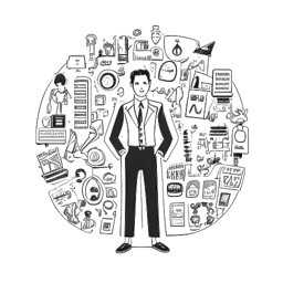 Desenho de linha de um homem, representando Alex Hormozi, orgulhosamente em meio a símbolos de vários negócios que criou.
