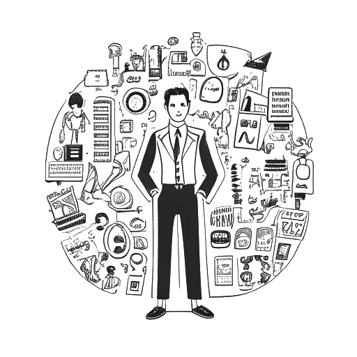 Desenho de linha de um homem, representando Alex Hormozi, orgulhosamente em meio a símbolos de vários negócios que criou.