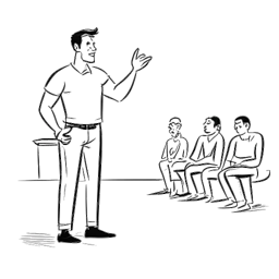 Line art drawing of a man representing Alex Hormozi passionately presenting his vision to gym owners, against a white backdrop.