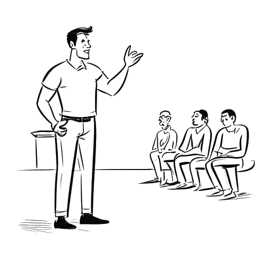 Imagen de arte lineal de un hombre, que representa a Alex Hormozi, presentando apasionadamente su visión a propietarios de gimnasios.