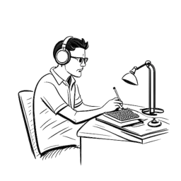 Line art drawing of a man representing Alex Hormozi engaged in activities such as writing a book and podcasting in a home setting, against a white backdrop.