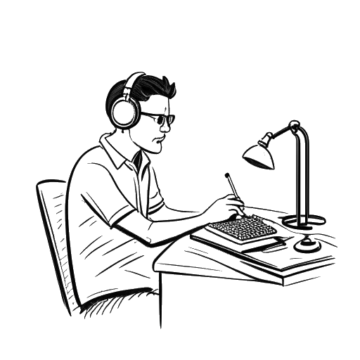 Line art drawing of a man representing Alex Hormozi engaged in activities such as writing a book and podcasting in a home setting, against a white backdrop.