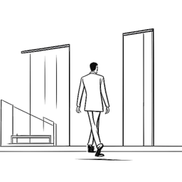 Desenho de linha de um homem representando Alex Hormozi fazendo a transição de um mundo corporativo para um ambiente de academia.