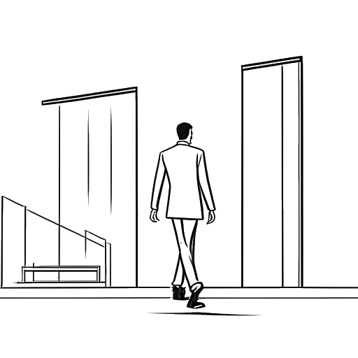 Line art drawing of a man representing Alex Hormozi, showing the transition from the corporate world to a gym environment, against a white backdrop.