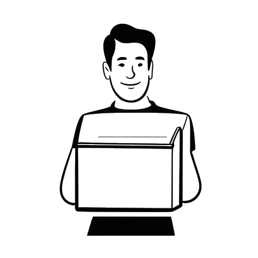 Disegno in bianco e nero di un uomo, rappresentante Alex Hormozi, che tiene una scatola di software con il logo ALAN mostrato su di essa.