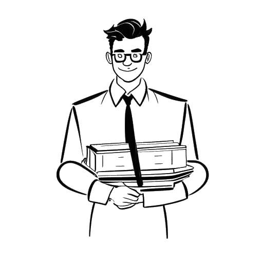Dibujo de arte lineal de un hombre, que representa a Alex Hormozi, sosteniendo tres libros, cada uno con una cinta de 'más vendido' en la portada.