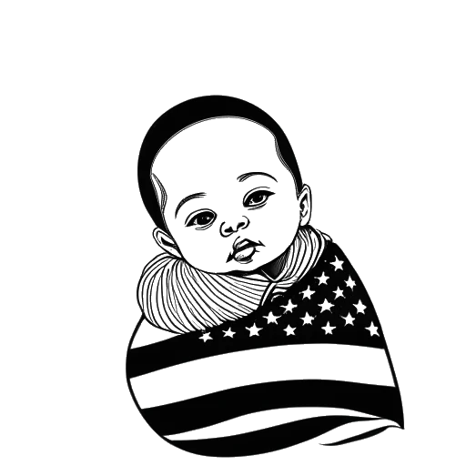 Strichzeichnung eines Babys, das Alex Hormozi repräsentiert, das von einer amerikanischen Flagge gehalten wird, wobei im Hintergrund ein schwaches Muster der iranischen Flagge sichtbar ist.