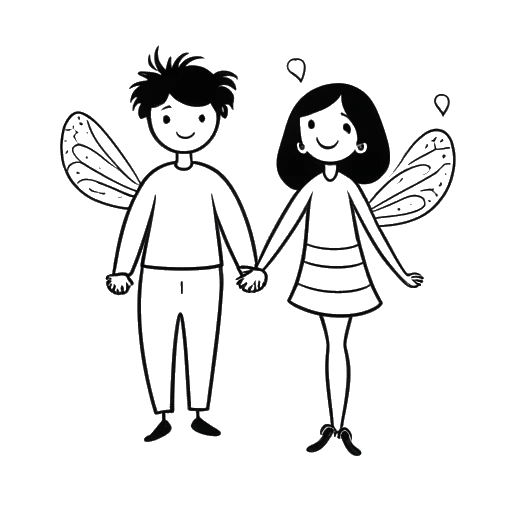 Line art drawing of a man and a woman, representing Alex Hormozi and Leila, holding hands, with a bee and a heart positioned between them, symbolizing the Bumble app.