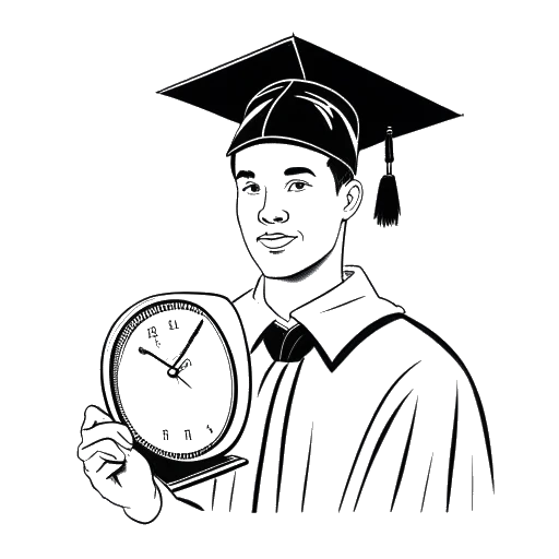Desenho em arte linear de um jovem, representando Alex Hormozi, usando um chapéu e beca de formatura, segurando um diploma em uma mão e um relógio na outra.