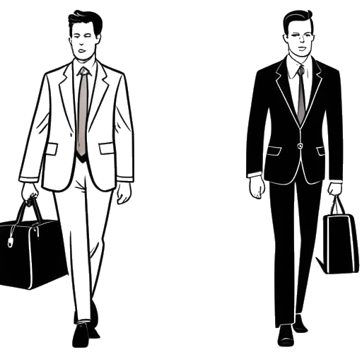 Line art drawing of a man, representing Alex Hormozi, first shown in a suit with a briefcase, then changing into gym attire.
