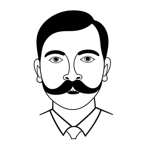Line art drawing of a man, representing Alex Hormozi, first shown with a mustache, then without one, with a pair of scissors positioned between the two images.