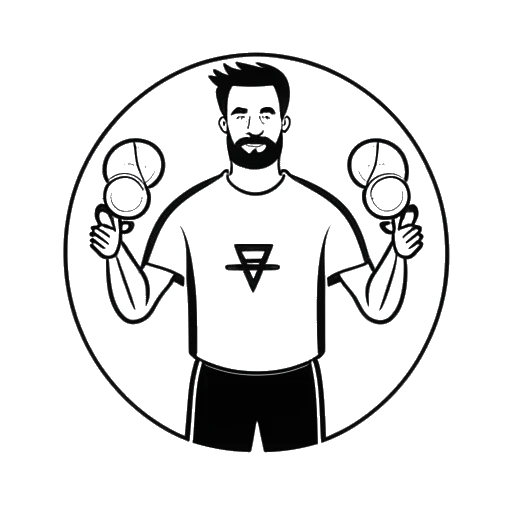 Line art drawing of a man, representing Alex Hormozi, holding two logos, one for Prestige Labs and another for Movement Apparel.