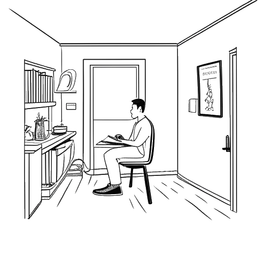 Desenho em arte linear de um homem, representando Alex Hormozi, sentado em um quarto modesto contendo uma cama, uma escrivaninha e alguns equipamentos de academia.