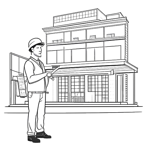 Dibujo de arte lineal de un hombre, que representa a Alex Hormozi, sosteniendo una llave inglesa y un plano, parado frente a múltiples fachadas de tiendas.