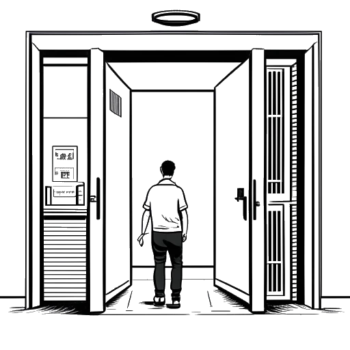 Desenho em arte linear de um homem, representando Alex Hormozi, abrindo uma porta de academia, com seis prédios de academia visíveis ao fundo.
