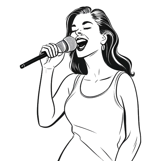 Strichzeichnung einer Frau, die Karaoke singt, insbesondere 'I Wanna Dance with Somebody', die Mirella Preceks Lieblingsbeschäftigung darstellt