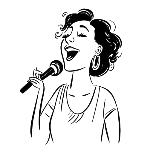 Strichzeichnung einer Frau, die zwei humorvolle Lieder singt, 'Happy Boobsday' und 'Ein Strauß Chlamydien', die Mirella Preceks musikalische Unternehmungen darstellen