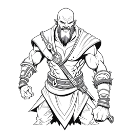 Dibujo en línea de un hombre con varias personalidades creativas como Kratos y mostrando mercancía, demostrando humor y autenticidad.