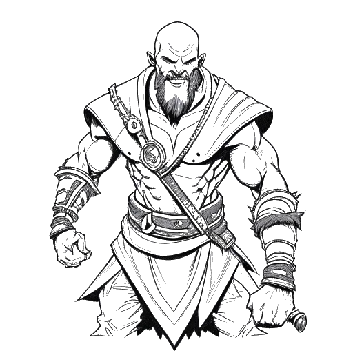 Line art drawing of a man with various creative personas like Kratos and showcasing merchandise, showcasing humor and authenticity.