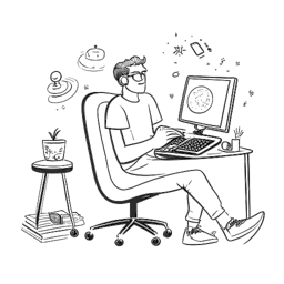 Strichzeichnung eines Mannes, der Ricky Berwick repräsentiert, der Freude zeigt, während er mit einer Streaming-Plattform und einem Gaming-Stuhl interagiert, was sein erfolgreiches Online-Präsenz symbolisiert.