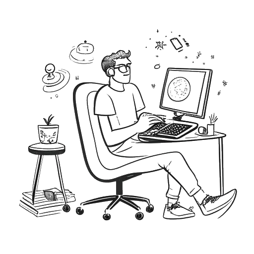 Line art drawing of a man, representing Ricky Berwick, showing joy while interacting with a streaming platform and a gaming chair, symbolizing his successful online presence.