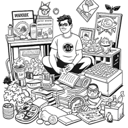 Line art drawing of a man, representing Ricky Berwick, surrounded by superhero memorabilia, McDonald's products, Reese's treats, and two cats, showcasing his personal interests and affections.