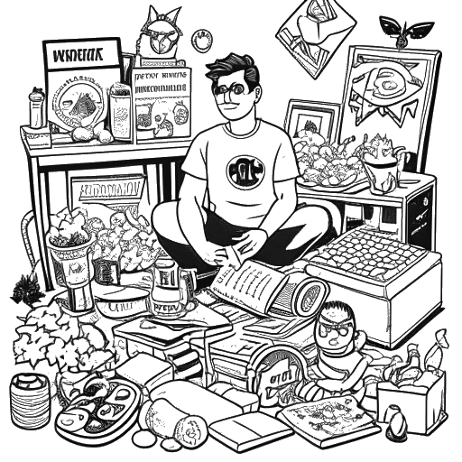 Line art drawing of a man, representing Ricky Berwick, surrounded by superhero memorabilia, McDonald's products, Reese's treats, and two cats, showcasing his personal interests and affections.