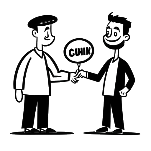 Line art drawing of Ricky Berwick shaking hands with iDubbbzTV, with a speech bubble containing the text 'Collaboration' and a TV displaying the Comedy Central logo.