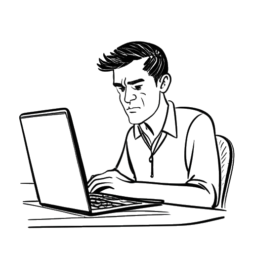 Lijntekening van Ricky Berwick, een man met het Beals-Hecht syndroom, die met een vastberaden uitdrukking een computer gebruikt, wat zijn creativiteit en veerkracht symboliseert.