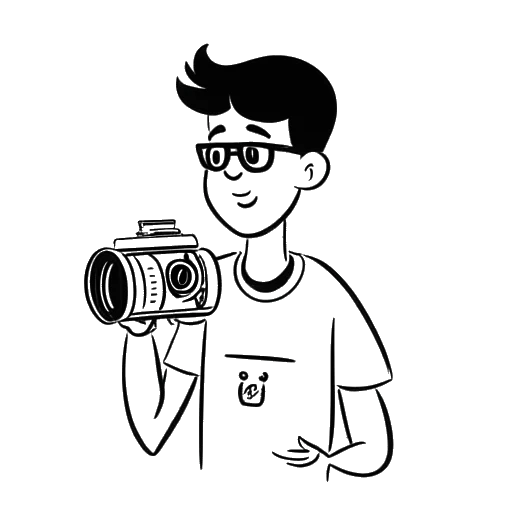 Desenho artístico de um jovem Ricky Berwick segurando uma câmera de vídeo, com o texto 'Dog264sVideos' exibido em uma fala em quadrinhos.
