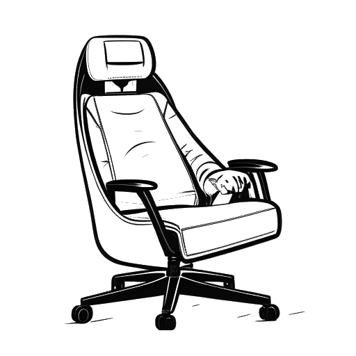 Dibujo de línea de Ricky Berwick sentado en una silla personalizada, con un globo de diálogo que contiene el texto 'Asociación' y el logo de DXRacer.