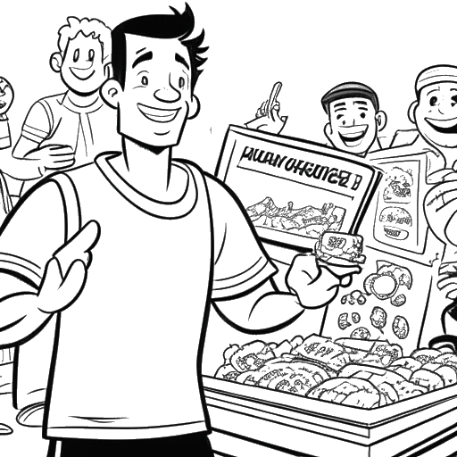 Line art drawing of Ricky Berwick holding a comic book, a happy meal, and a Reese's product, with animation characters in the background.
