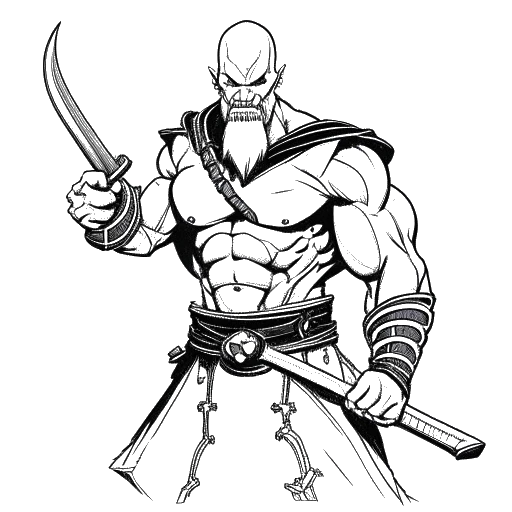 Strichzeichnung von Ricky Berwick, der als Kratos und Thanos verkleidet ist, Waffen hält und kraftvolle Posen einnimmt.