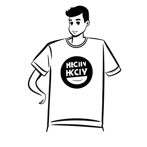 Dibujo de línea de Ricky Berwick sosteniendo una camiseta con un logotipo, con un globo de pensamiento que contiene el texto 'Ricky's Merch' y prendas de ropa.