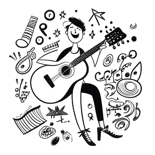 Strichzeichnung von Ricky Berwick, der Gitarre spielt und lacht, umgeben von Musiknoten und Komiksymbolen.