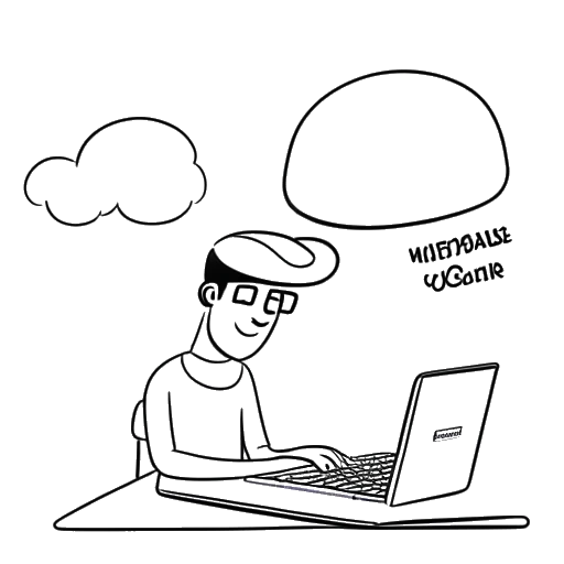 Dibujo de línea de Ricky Berwick trabajando en una computadora, con un globo de pensamiento que contiene el texto 'Canal de YouTube' y una birrete tachada.