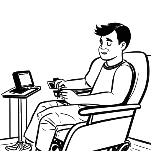 Dibujo de línea de Ricky Berwick sentado en una silla de ruedas, sosteniendo un control, con un globo de diálogo que contiene el texto 'Transmisión en Twitch' y un juego reproduciéndose en una pantalla al fondo.