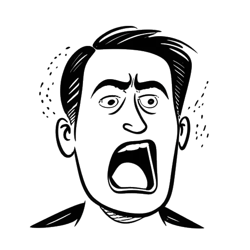 Desenho artístico de Ricky Berwick fazendo uma expressão facial exagerada, com uma fala em quadrinhos contendo uma vocalização única.