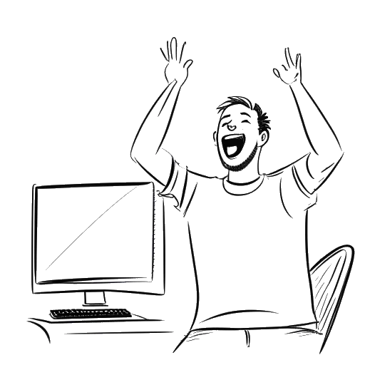 Dibujo de línea de Ricky Berwick celebrando con su video viral 'Darude - Sandstorm 🏜' reproduciéndose en una pantalla al fondo.