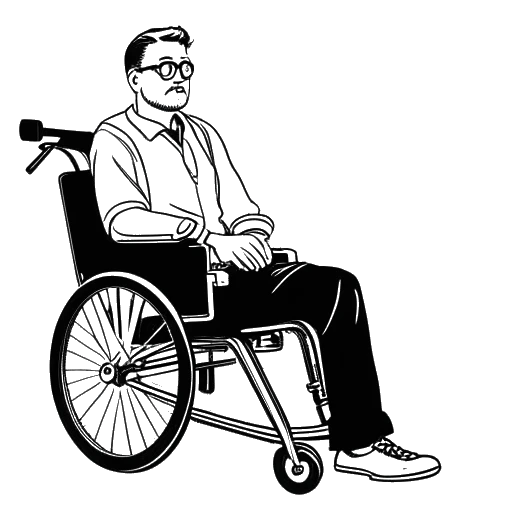 Line art drawing of Ricky Berwick sitting in a wheelchair, holding a camera, with a determined expression.