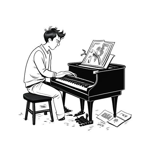 Strichzeichnung von Phil Laude, wie er Klavier spielt und Magic- und Pokemon-Karten sammelt, was seine Hobbys darstellt.
