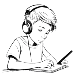 Lijntekening van een jongen, die That Mexican OT vertegenwoordigt, die teksten krabbelt met koptelefoon om zijn nek, met focus en vastbeslotenheid, tegen een witte achtergrond.