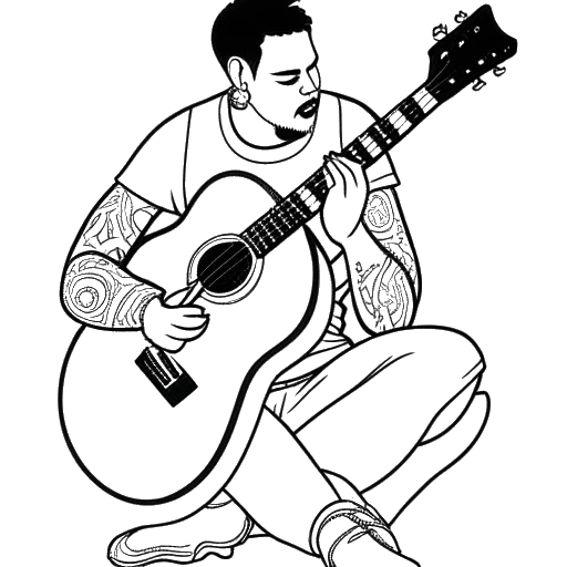 Line art drawing of a man, representing That Mexican OT, holding a guitar with a tattoo of a luchador mask on his hand, and a dog beside him, set against a white backdrop.